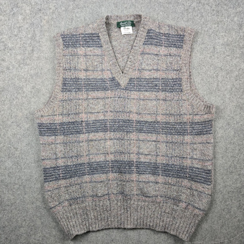 Vtg Marshall Fields Sweater Vest Mens XL Gray Plaid Pure Wool Made in Ireland